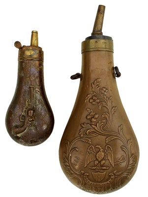 Lot 472 - A POCKET-SIZED EMBOSSED POWDER FLASK