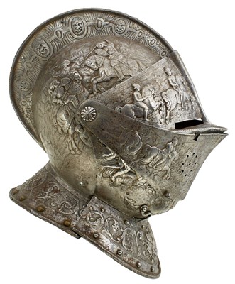 Lot 388 - AN EMBOSSED CLOSE HELMET IN THE EARLY 17TH CENTURY MANNER