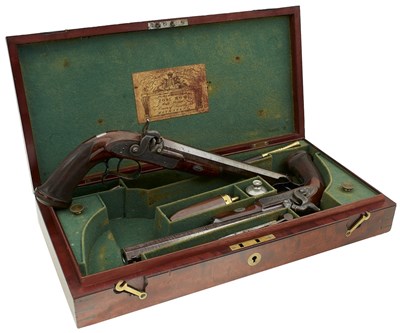 Lot 602 - A CRISP CASED PAIR OF 42-BORE PERCUSSION DUELLING OR TARGET PISTOLS BY JOSEPH EGG