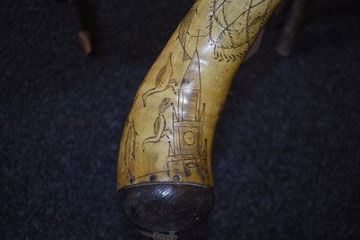 Lot 95 - A HORN POWDER FLASK ENGRAVED ON A NAUTICAL THEME