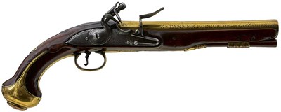 Lot 611 - A 16-BORE FLINTLOCK BRASS BARRELLED COACHING PISTOL