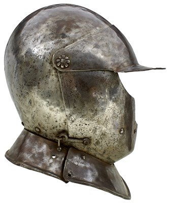 Lot 390 - A 17TH CENTURY ENGLISH CLOSE HELMET OF TOTENKOPF OR SAVOYARD FORM