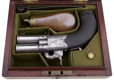 Lot 629 - A CASED 40-BORE DOUBLE BARRELLED PERCUSSION TURNOVER POCKET PISTOL BY PURDEY