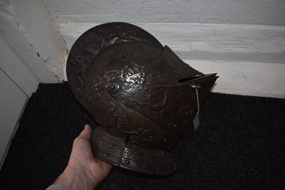 Lot 389 - A GOOD 19TH CENTURY FRENCH CLOSE HELMET DECORATED IN THE 16TH CENTURY FRENCH OR ITALIAN