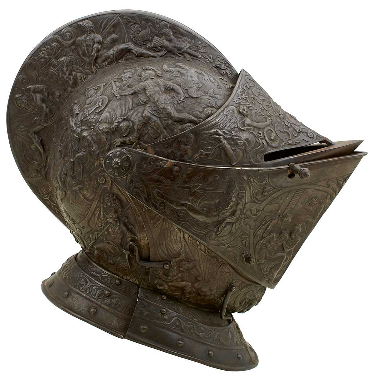 Lot 389 - A GOOD 19TH CENTURY FRENCH CLOSE HELMET DECORATED IN THE 16TH CENTURY FRENCH OR ITALIAN