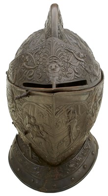 Lot 389 - A GOOD 19TH CENTURY FRENCH CLOSE HELMET DECORATED IN THE 16TH CENTURY FRENCH OR ITALIAN