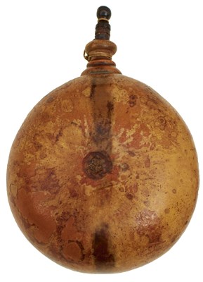 Lot 527 - A CONTINENTAL SEED FORM CIRCULAR WOODEN POWDER FLASK