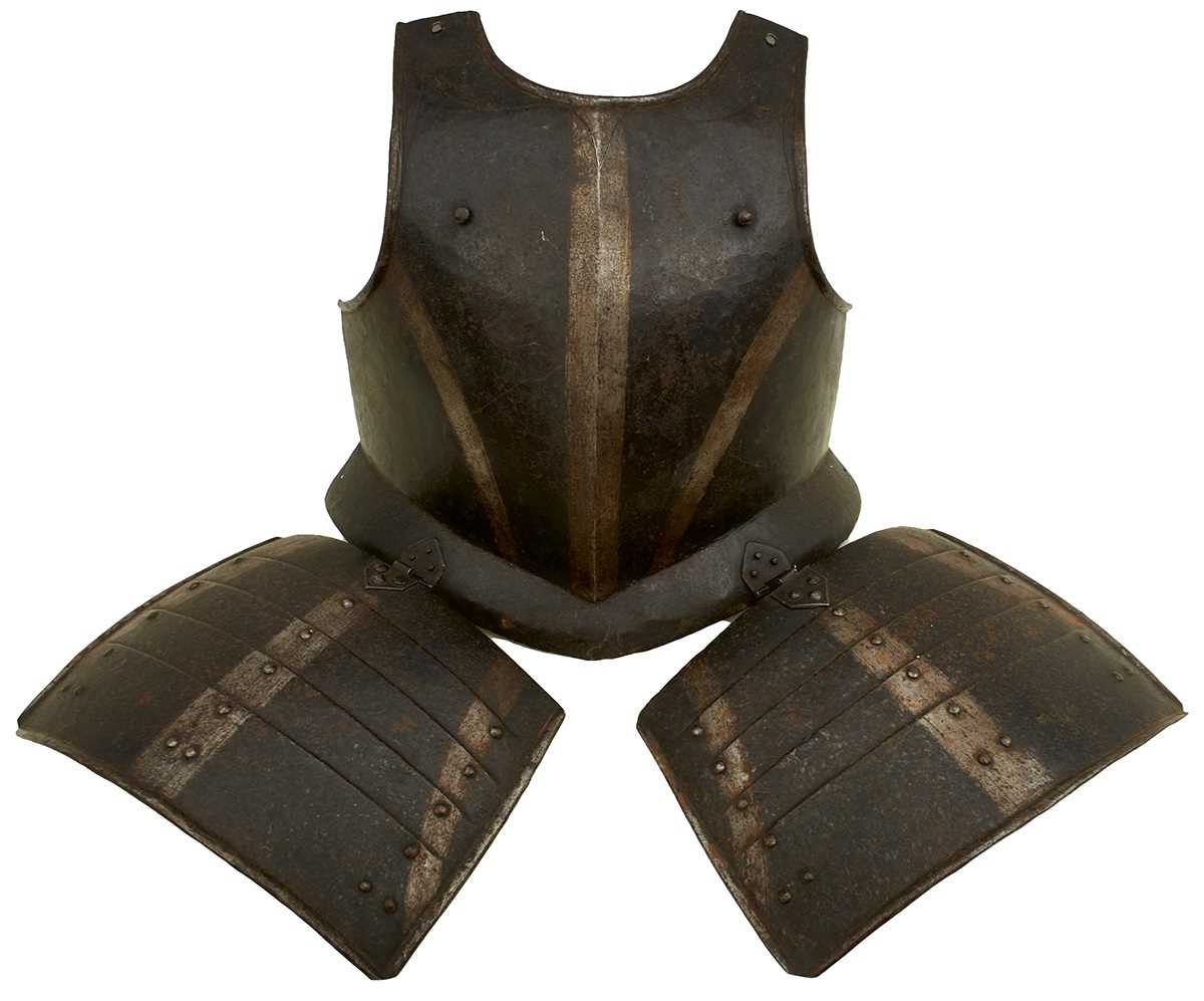 Lot 396 - A LATE 16TH CENTURY GERMAN BLACK AND WHITE BREAST PLATE AND TASSET ENSEMBLE