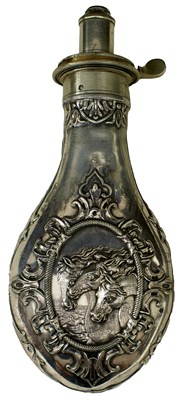 Lot 442 - A WHITE METAL PHARAOH'S HORSES EMBOSSED POWDER FLASK