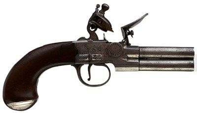 Lot 755 - A SCARCE 80-BORE FLINTLOCK FOUR-BARRELLED TAP ACTION TRAVELLING PISTOL