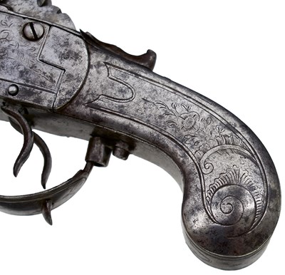 Lot 758 - A 120-BORE FLINTLOCK FOUR-BARRELLED TURNOVER POCKET PISTOL OF SEGALAS TYPE