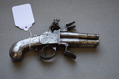 Lot 758 - A 120-BORE FLINTLOCK FOUR-BARRELLED TURNOVER POCKET PISTOL OF SEGALAS TYPE