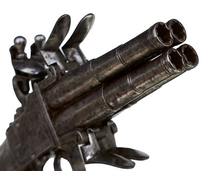 Lot 758 - A 120-BORE FLINTLOCK FOUR-BARRELLED TURNOVER POCKET PISTOL OF SEGALAS TYPE