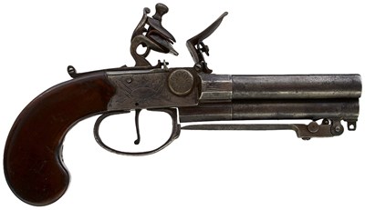 Lot 753 - AN 80-BORE FLINTLOCK TRIPLE-BARRELLED BAYONET POCKET PISTOL