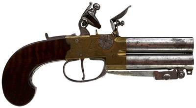 Lot 756 - A 54-BORE FLINTLOCK TAP ACTION OVER AND UNDER BAYONET POCKET PISTOL