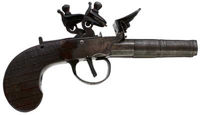 Lot 765 - AN 80-BORE CONTINENTAL DOUBLE BARRELLED FLINTLOCK BOXLOCK POCKET PISTOL