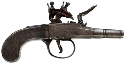 Lot 763 - A 120-BORE BELGIAN FLINTLOCK DOUBLE BARRELLED ALL STEEL POCKET PISTOL