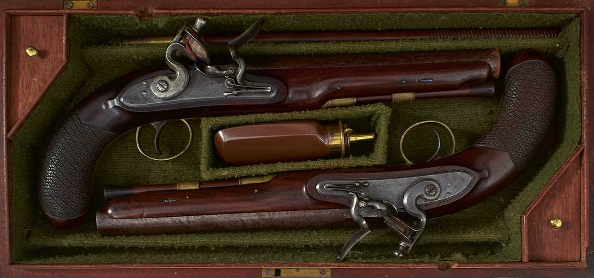 Lot 810 - A CASED PAIR OF .650 CALIBRE FLINTLOCK OFFICER'S OR CITY PISTOLS BY JAMES WILKINSON