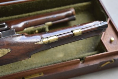 Lot 810 - A CASED PAIR OF .650 CALIBRE FLINTLOCK OFFICER'S OR CITY PISTOLS BY JAMES WILKINSON