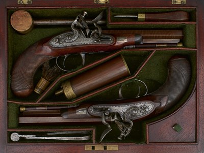 Lot 641 - A CASED PAIR OF 54-BORE FLINTLOCK TRAVELLING PISTOLS BY SYKES AND SONS OF OXFORD