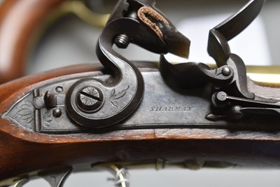 Lot 642 - A PRISTINE PAIR OF FLINTLOCK BLUNDERBUSS PISTOLS BY SHARMAN