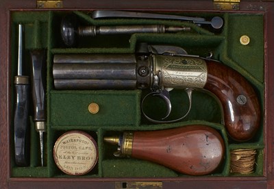 Lot A GOOD CASED 90-BORE SIX-SHOT PERCUSSION PEPPERBOX REVOLVER BY CHARLES JONES