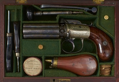 Lot 798 - A GOOD CASED 90-BORE SIX-SHOT PERCUSSION PEPPERBOX REVOLVER BY CHARLES JONES