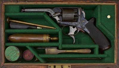 Lot 799 - A CASED 80-BORE FIVE-SHOT PERCUSSION THIRD MODEL DOUBLE TRIGGER TRANTER REVOLVER