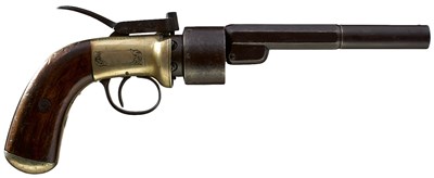 Lot 803 - A 54-BORE SIX-SHOT PERCUSSION BAKER'S PATENT LONG SPUR TRANSITIONAL REVOLVER