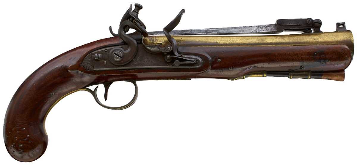 Lot 666 - A FLINTLOCK BLUNDERBUSS BAYONET PISTOL BY BOND