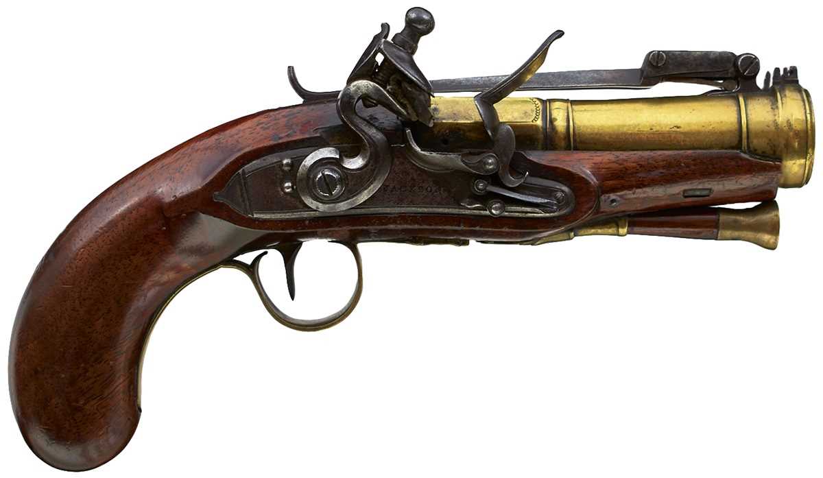 Lot 667 - A FLINTLOCK BLUNDERBUSS BAYONET PISTOL