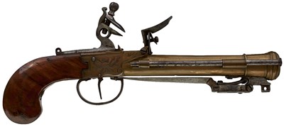 Lot 668 - A PAIR OF CONTINENTAL FLINTLOCK BAYONET BLUNDERBUSS PISTOLS