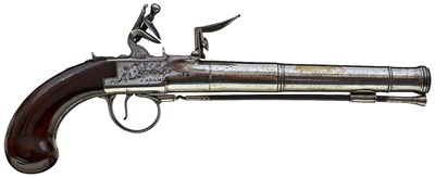 Lot 671 - A SCARCE 15-BORE FLINTLOCK RIFLED TRAVELLING PISTOL BY ADAMS