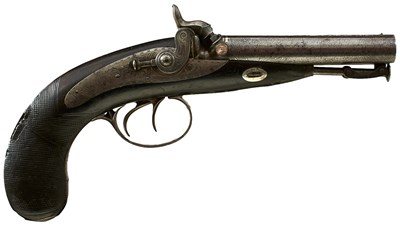 Lot AN IRISH 34-BORE DOUBLE BARRELLED PERCUSSION TRAVELLING PISTOL BY RIGBY OF DUBLIN