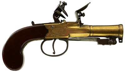 Lot 689 - A 32-BORE FLINTLOCK BRASS BARRELLED BAYONET BLUNDERBUSS PISTOL BY WILLIAM BOND