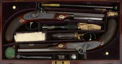 Lot 737 - A VERY CRISP CASED PAIR OF SCOTTISH 40-BORE PERCUSSION DUELLING PISTOLS BY ALEXANDER THOMSON OF EDINBURGH