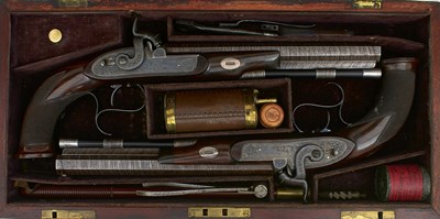 Lot 738 - A GOOD CASED PAIR OF SCOTTISH 34-BORE RIFLED PERCUSSION OFFICER'S BELT PISTOLS BY PLAYFAIR