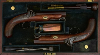 Lot 739 - A CASED PAIR OF .700 CALIBRE PERCUSSION TRAVELLING BELT PISTOLS BY EDWARD LONDON