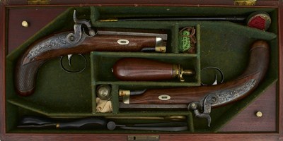 Lot 740 - A CASED PAIR OF 42-BORE PERCUSSION TRAVELLING PISTOLS BY THOMAS WILSON & CO. OF LIVERPOOL