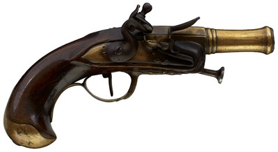 Lot 916 - A 30-BORE CONTINENTAL FLINTLOCK CANNON BARRELLED TRAVELLING PISTOL