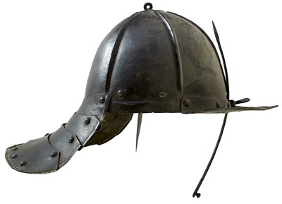 Lot 354 - A GOOD LARGE LOBSTER TAIL HELMET OR DUTCH  POT, C.1640-1650