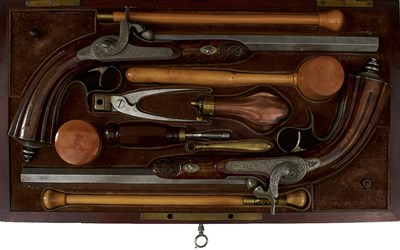 Lot 817 - A CASED PAIR OF 42-BORE PERCUSSION RIFLED DUELLING OR TARGET PISTOLS BY LEPAGE