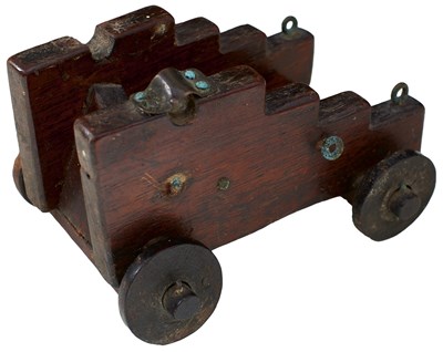 Lot 562 - A 19TH CENTURY MAHOGANY MODEL CARRIAGE FOR A NAVAL CANNON