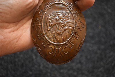 Lot 443 - A PHARAOH'S HORSES EMBOSSED POWDER FLASK