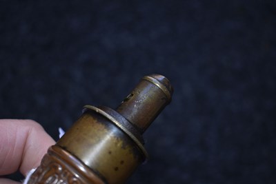 Lot 443 - A PHARAOH'S HORSES EMBOSSED POWDER FLASK