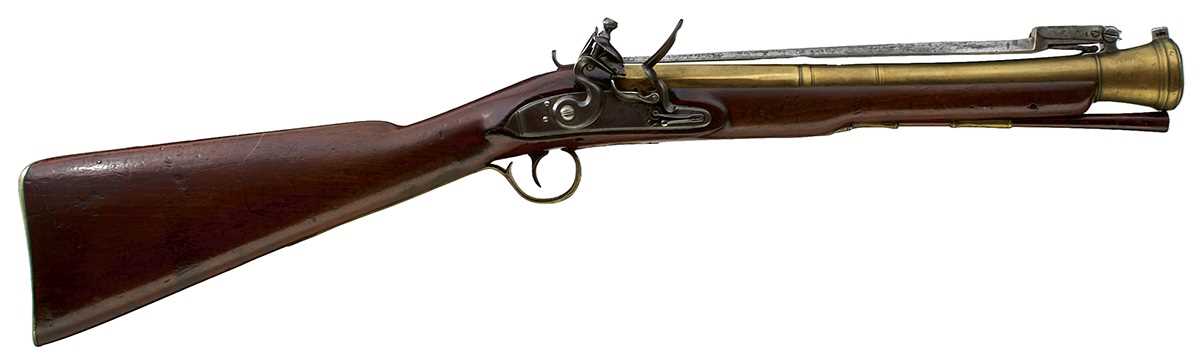 Lot 691 - A FLINTLOCK BAYONET BLUNDERBUSS BY LOTT OF READING