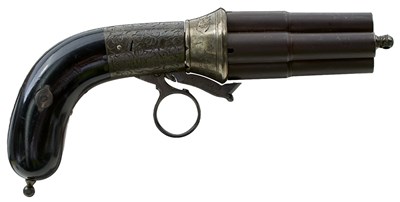 Lot 510 - A SCARCE 12MM FOUR-SHOT PINFIRE PEPPERBOX REVOLVER BY CASIMIR LEFAUCHEUX