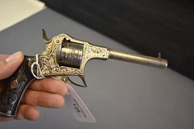 Lot 691 - A 7MM CALIBRE JONGEN FRERES PIVOTING FRAMED SIX-SHOT PINFIRE REVOLVER