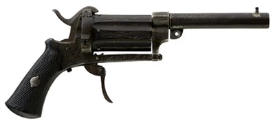 Lot 690 - A 7MM CALIBRE SIX-SHOT PINFIRE PEPPERBOX REVOLVER WITH SUPPLEMENTARY BARREL EXTENSION