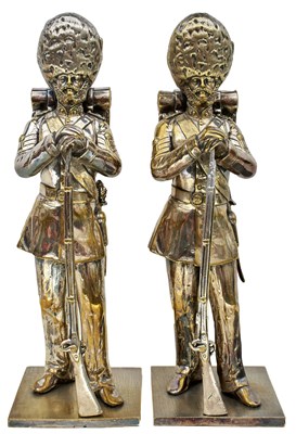 Lot MANNER OF EMMANUEL FREMIET: A PAIR OF SILVERED BRASS MODELS OF GRENADIER GUARDS